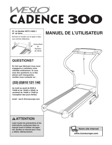 WETL14905.1 | Cadence 300 Treadmill | Weslo Cadence 300 Manuel utilisateur | Fixfr