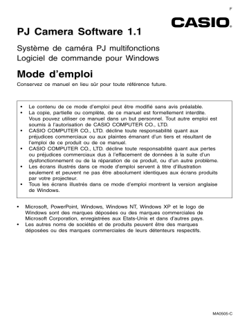 Manuel du propriétaire | Casio PJ CAMERA SOFTWARE 1.1 Manuel utilisateur | Fixfr