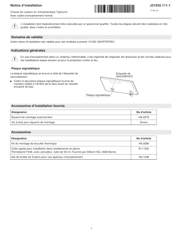 V-ZUG 31032 Hob Toptronic Guide d'installation | Fixfr