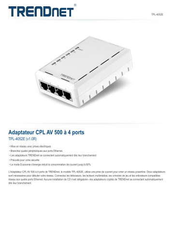 Trendnet RB-TPL-4052E 4-Port Powerline 500 AV Adapter Fiche technique | Fixfr