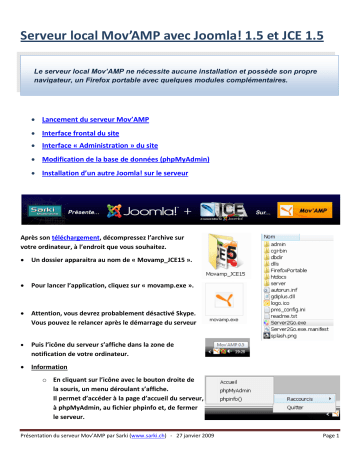 Manuel du propriétaire | Joomla MOV AMP AVEC JOOMLA V1.5 JCE V1.5 Manuel utilisateur | Fixfr