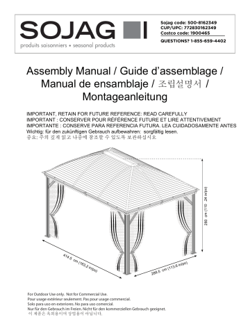 Mode d'emploi | Sojag 500-8162349 10 ft. D x 14 ft. W Moreno Aluminum Gazebo with Galvanized Steel Roof Panels, 2-Track System, and Mosquito Netting Manuel utilisateur | Fixfr