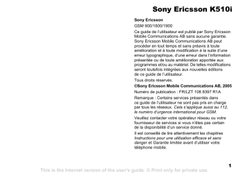 Manuel du propriétaire | Sony Ericsson k510i Manuel utilisateur | Fixfr