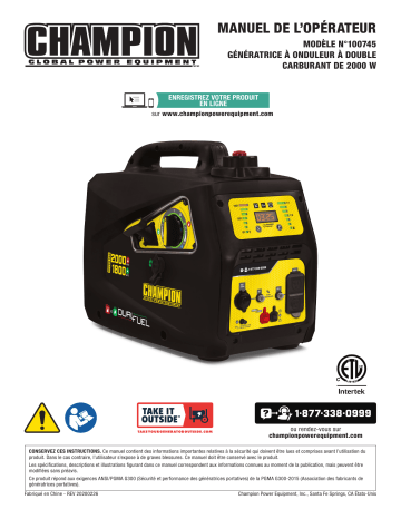 Model #100745 | Champion Power Equipment 100745 2000-Watt Dual Fuel Inverter Generator Manuel utilisateur | Fixfr