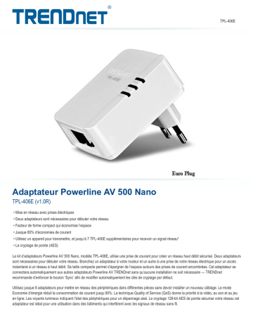 Trendnet TPL-406E Powerline 500 AV Nano Adapter Fiche technique | Fixfr