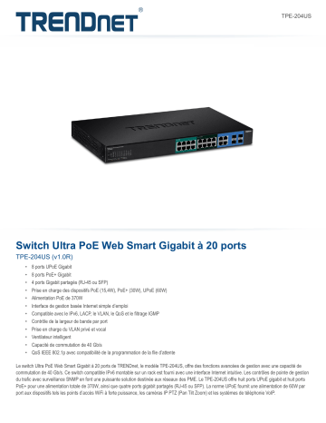 Trendnet TPE-204US 20-Port Gigabit Web Smart Ultra PoE Switch Fiche technique | Fixfr