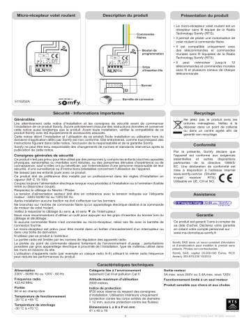 Somfy Micro récepteur pour volet roulant Somfy Mode d'emploi | Fixfr