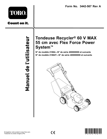 Toro Flex-Force Power System 60V MAX 55cm Recycler Lawn Mower Walk Behind Mower Manuel utilisateur | Fixfr