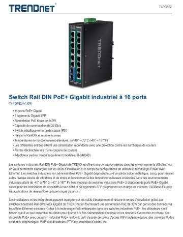 Trendnet TI-PG162 16-Port Industrial Gigabit PoE+ DIN-Rail Switch Fiche technique | Fixfr