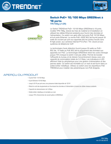 RB-TPE-T88g | Trendnet TPE-T88g 16-Port GREENnet 10/100 Mbps PoE+ Switch Fiche technique | Fixfr