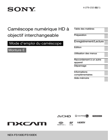NEX FS100EK | Sony NEX FS100E Mode d'emploi | Fixfr