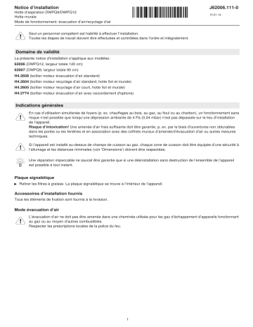 62007 | V-ZUG 62006 Range hood DWPQ/DIPQ Guide d'installation | Fixfr