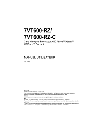 Manuel du propriétaire | Gigabyte 7VT600-RZC Manuel utilisateur | Fixfr