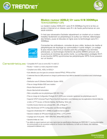 Trendnet TEW-635BRM 300Mbps Wireless N ADSL2/2+ Modem Router Fiche technique | Fixfr