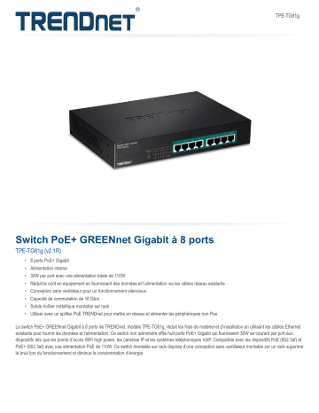 Trendnet TPE-TG81g 8-Port Gigabit GREENnet PoE+ Switch Fiche technique | Fixfr