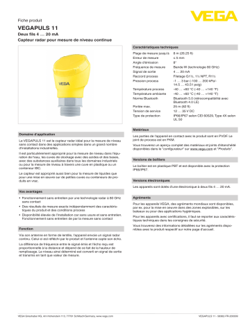 Spécification | Vega VEGAPULS 11 Compact radar sensor for continuous level measurement Manuel utilisateur | Fixfr