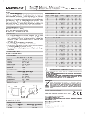 MULTIPLEX Roxxy Bl Outrunner D35 50 850kv Manuel du propriétaire | Fixfr