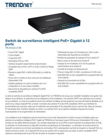 Trendnet TPE-3012LS 12-Port Gigabit PoE+ Smart Surveillance Switch Fiche technique | Fixfr