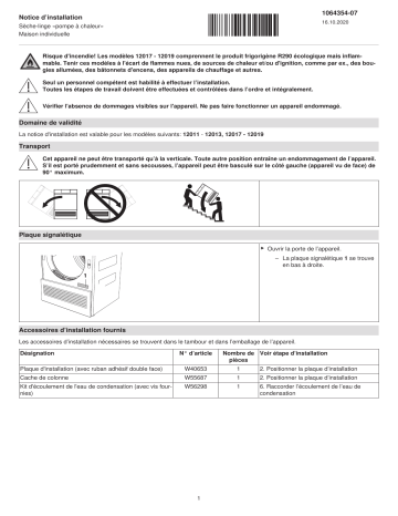 12013 | 12011 | 12019 | V-ZUG 12017 AdoraDry V2000 Guide d'installation | Fixfr