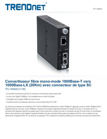 RB-TFC-1000S20 | Trendnet TFC-1000S20 Intelligent 1000Base-T to 1000Base-LX Single-Mode SC Fiber Converter (20km/12.4miles) Fiche technique | Fixfr