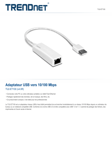Trendnet TU2-ET100 USB to 10/100 Mbps Adapter Fiche technique | Fixfr