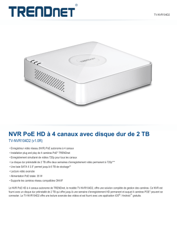 Trendnet TV-NVR104D2 4-Channel HD PoE NVR Fiche technique | Fixfr