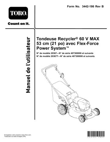Toro Flex-Force Power System 60V MAX 21in Recycler Lawn Mower Walk Behind Mower Manuel utilisateur | Fixfr