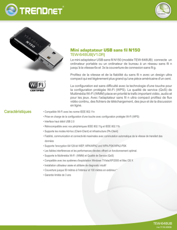 Trendnet TEW-648UB N150 Mini Wireless USB Adapter Fiche technique | Fixfr