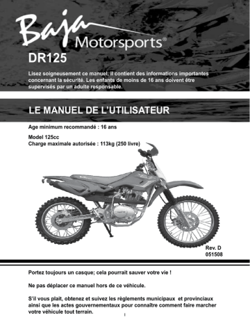 Baja motorsports DR125 Dirtbike Manuel du propriétaire | Fixfr