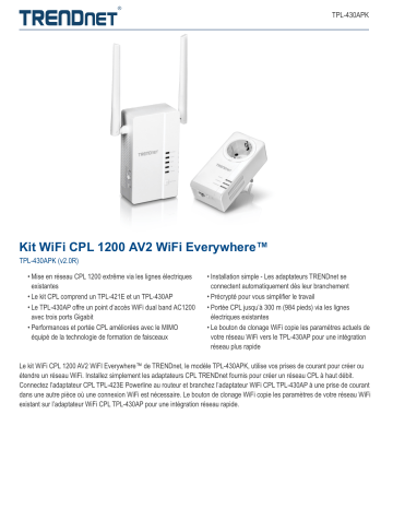 Trendnet TPL-430APK WiFi Everywhere™ Powerline 1200 AV2 Wireless Kit Fiche technique | Fixfr