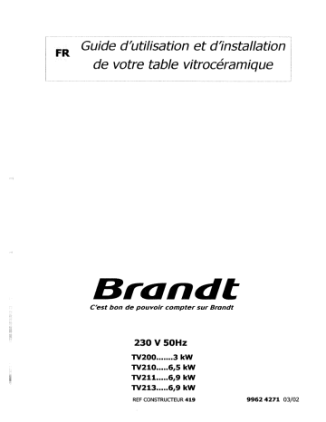 TV211BF1 | TV211BT1 | TV213BF1 | TV213BT1 | Manuel du propriétaire | Brandt TV210BF1 Manuel utilisateur | Fixfr