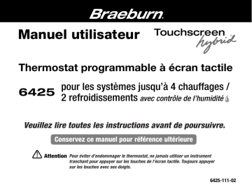 Braeburn 6425 Deluxe Touchscreen Hybrid Thermostat Manuel utilisateur | Fixfr