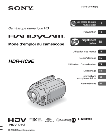 HDR HC9E | Sony HDR-HC9E Mode d'emploi | Fixfr
