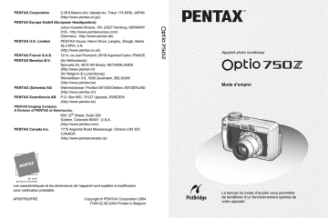 Pentax Série Optio 750 Z Mode d'emploi | Fixfr