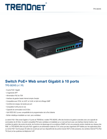 RB-TPE-082WS | Trendnet TPE-082WS 10-Port Gigabit Web Smart PoE+ Switch Fiche technique | Fixfr