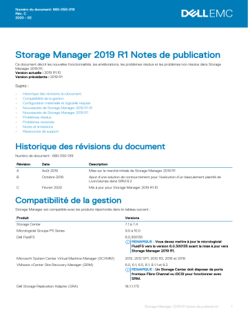 Storage SCv2000 | Storage SC7020 | Storage SC7020F | Compellent SC4020 | Storage SCv3020 | Storage SC5020 | Storage SC5020F | Storage SC8000 | Compellent FS8600 | Dell Storage Manager storage software Manuel du propriétaire | Fixfr