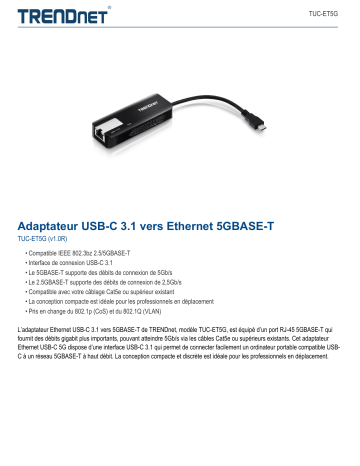Trendnet TUC-ET5G USB-C 3.1 to 5GBASE-T Ethernet Adapter Fiche technique | Fixfr