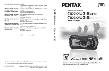 Pentax Série Optio WG2 GPS Mode d'emploi | Fixfr