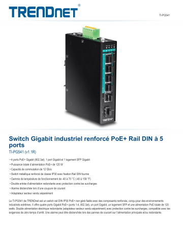 Trendnet TI-PG541 5-Port Hardened Industrial Gigabit PoE+ DIN-Rail Switch Fiche technique | Fixfr