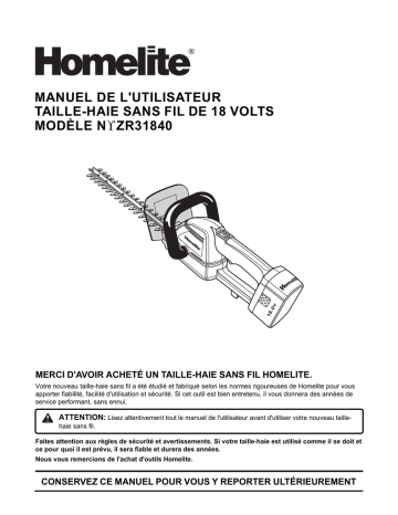 Manuel du propriétaire | Homelite zr31840 18 V Hedge Trimmer Manuel utilisateur | Fixfr