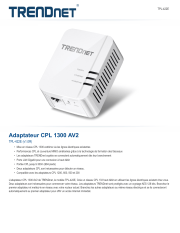 Trendnet TPL-422E Powerline 1300 AV2 Adapter Fiche technique | Fixfr