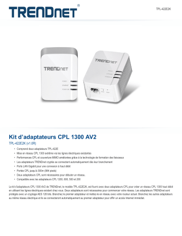 RB-TPL-422E2K | Trendnet TPL-422E2K Powerline 1300 AV2 Adapter Kit Fiche technique | Fixfr