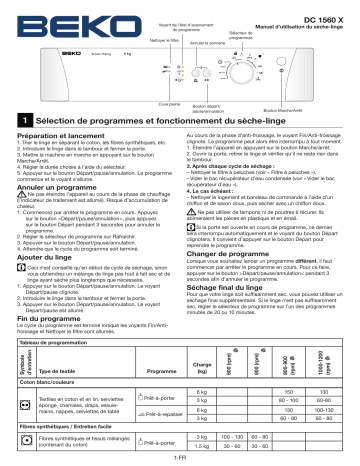 Manuel du propriétaire | Beko dc 1560 x Manuel utilisateur | Fixfr