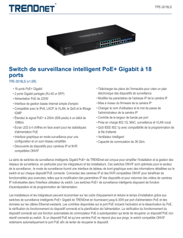 Trendnet TPE-3018LS 18-Port Gigabit PoE+ Smart Surveillance Switch Fiche technique | Fixfr