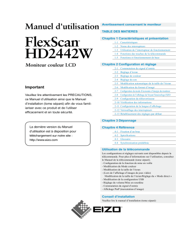 Manuel du propriétaire | Eizo FlexScan HD2442W Manuel utilisateur | Fixfr