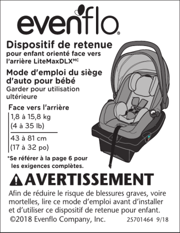 Evenflo LiteMax DLX Car Seat Manuel utilisateur | Fixfr