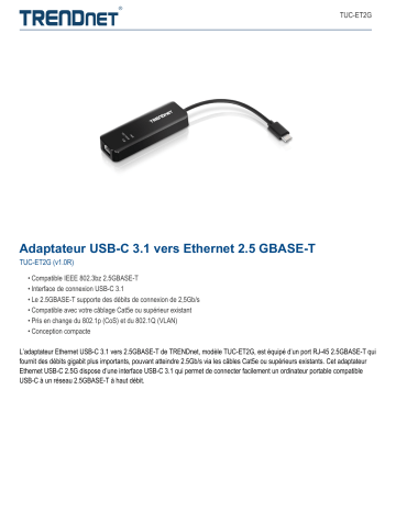 Trendnet TUC-ET2G USB-C 3.1 to 2.5GBASE-T Ethernet Adapter Fiche technique | Fixfr