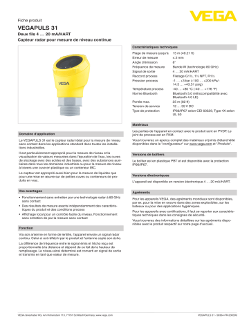 Spécification | Vega VEGAPULS 31 Compact radar sensor for continuous level measurement Manuel utilisateur | Fixfr