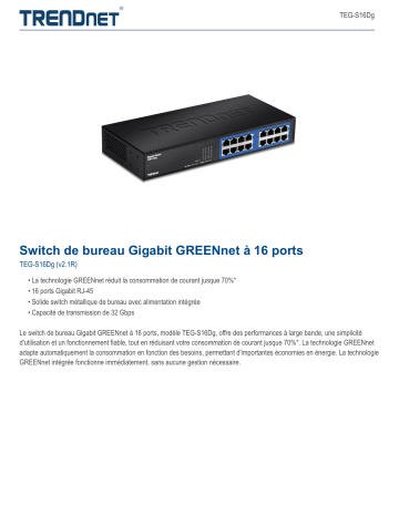 Trendnet TEG-S16Dg 16-Port Gigabit GREENnet Desktop Switch Fiche technique | Fixfr