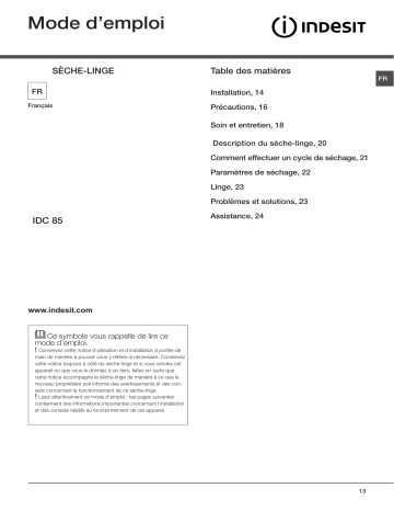 Mode d'emploi | Whirlpool IDC 85 B EU Manuel utilisateur | Fixfr